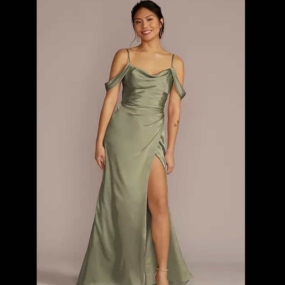 David’s Bridal Charmeuse Cowl Bridesmaid Dress with Swag Sleeves in Eucalyptus